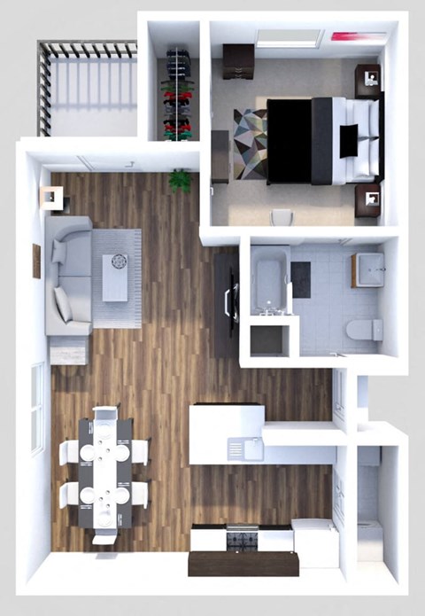 Floor plan for 1 bed, 1 bath, 712 sqft